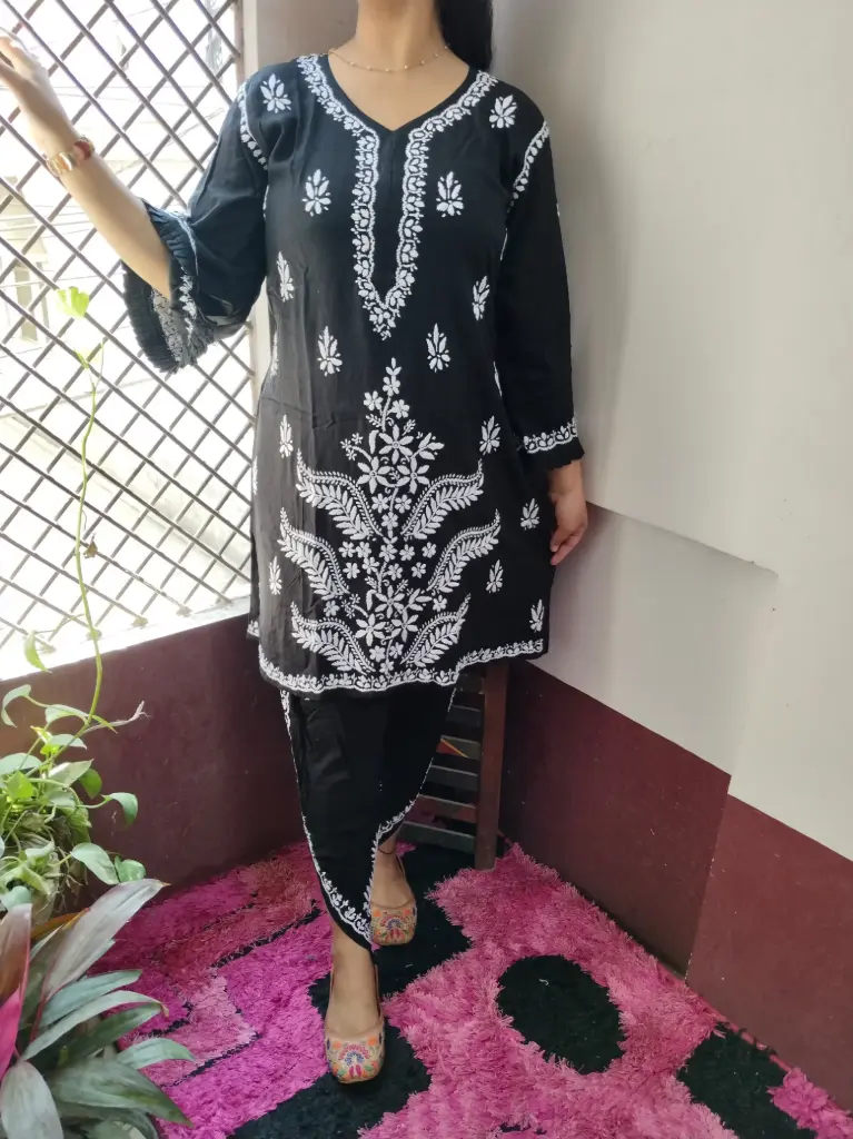Beautiful Reyon Cotton designer A Line kurti with dhoti set