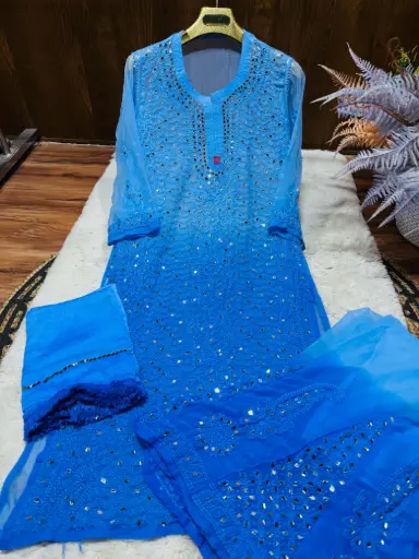Georgette Jaal Design Mirror work 3 pc Chikankari sets