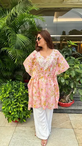 Mul mul Cotton Chikankari Kaftan