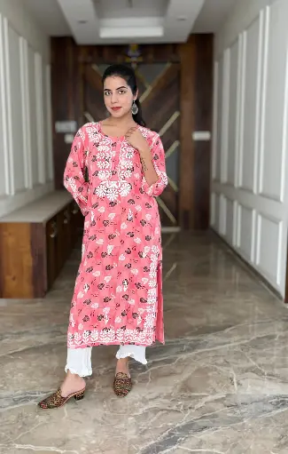 Beautiful Reyon Fine Embroidery Chikan Work Kurtis