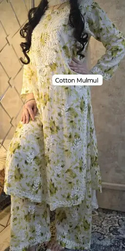 Beautiful printed fine embroidery chikan work kurti & plazo set 