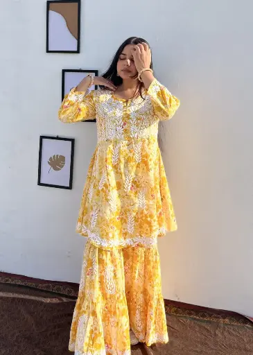 Beautiful Mul Mul Cotton fine embroidery chikankari kurti with Gharara sets