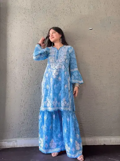 Chikankari Printed Mal Mal Bell Sleeves Co-Ord Gharara Set