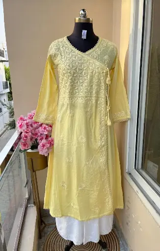 Slub Dobby Cotton Chikankari Angarkha with Side Dori & Rayon Plazo