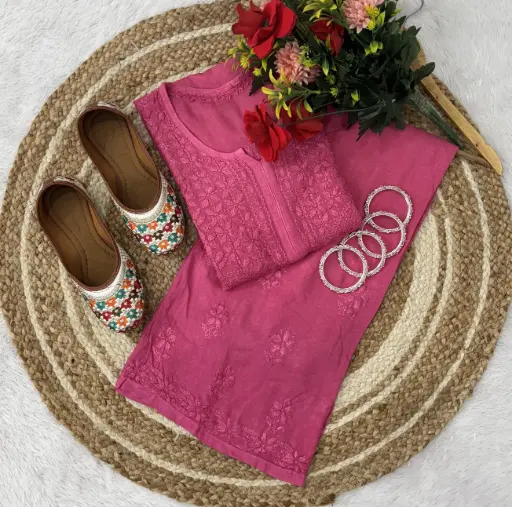 Beautiful Dyeable Rayon Cotton Chikan Embroidery Kurti with Plazo Set