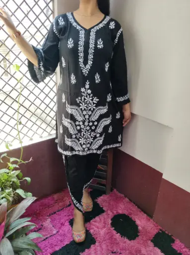 Beautiful Reyon Cotton designer A Line kurti with dhoti set