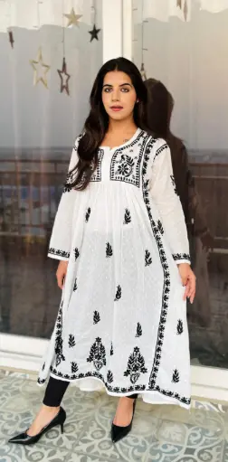Black & White Dobby Cotton Flared Gown Kurti with Exquisite Embroidery