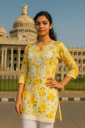 Printed Neck Chikankari Kurti Set