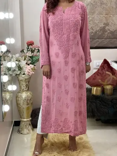 Dyeable Chikan Embroidered Kurti Fine Handcrafted